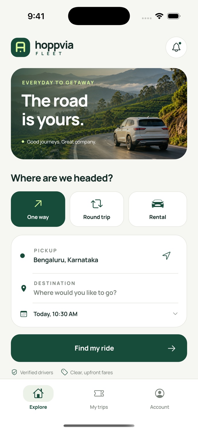 Customer app with Bengaluru booking options; demo data